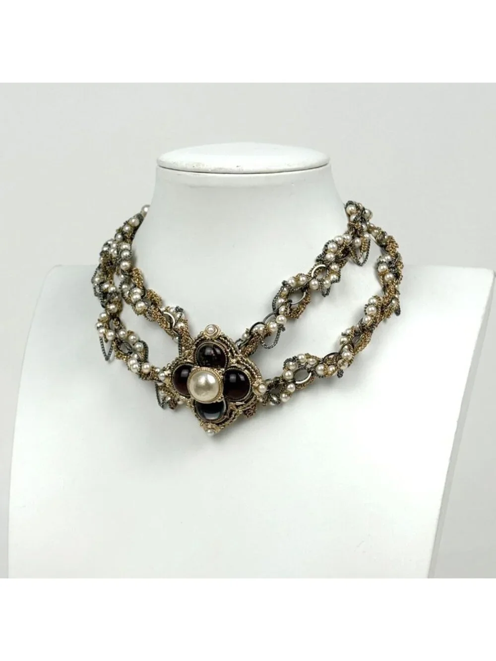 Chanel Necklace CC Logo Faux Pearl Rhinestone Gold